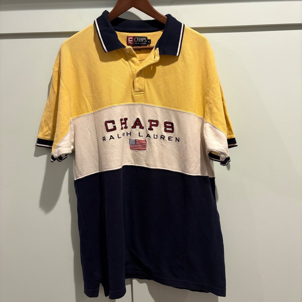 Vtg Chaps Ralph Lauren‎ Colorblock Polo Shirt Yellow White Navy XL USA Flag 90s